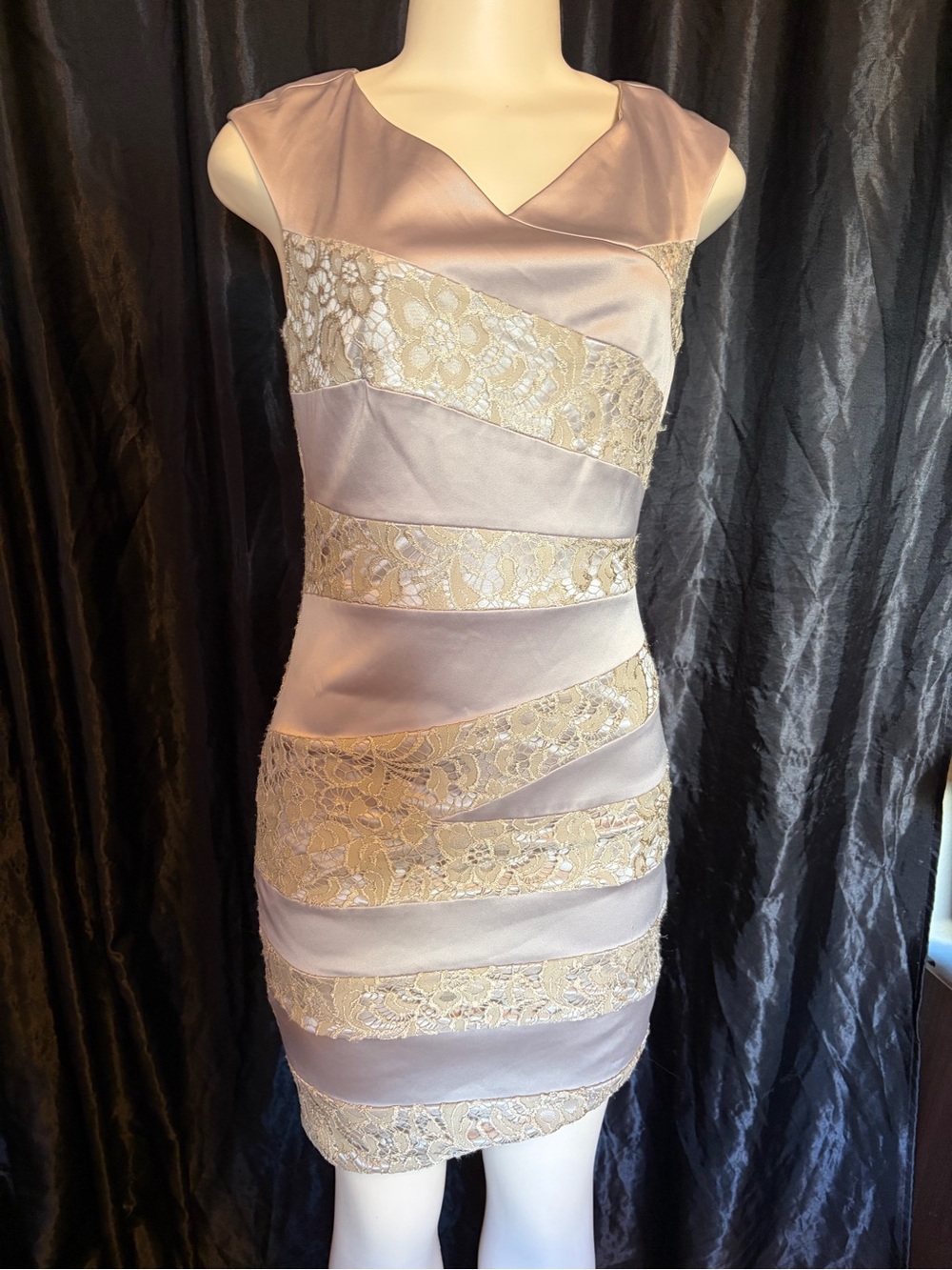 Jax Taupe and Gold Lace-Panel Mini Dress